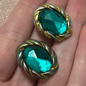 Oval Teal Green Plastic Clip-On Statement Earrings Gold Silver Tone Metal